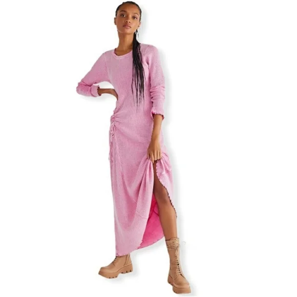 Free People Pink Ribbed Maxi Dress with Side Tie Ruching - Picture 7 of 8